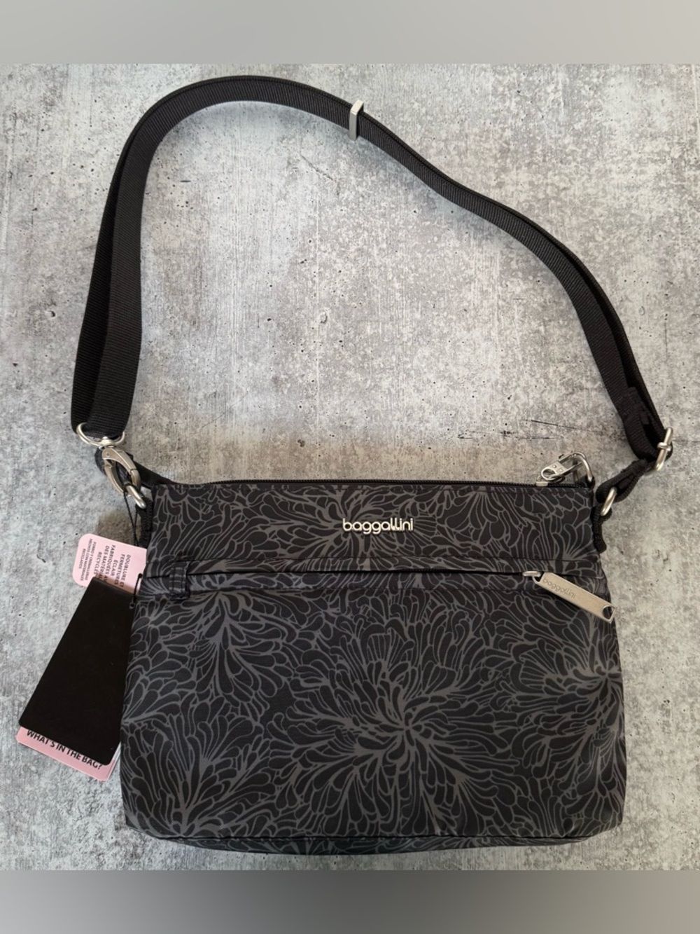 Baggallini Securtex Anti-Theft Memento Crossbody Bag Black Grey midnight blossom